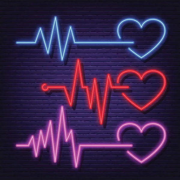 Heart pulse rate neon signboard — Stock Vector