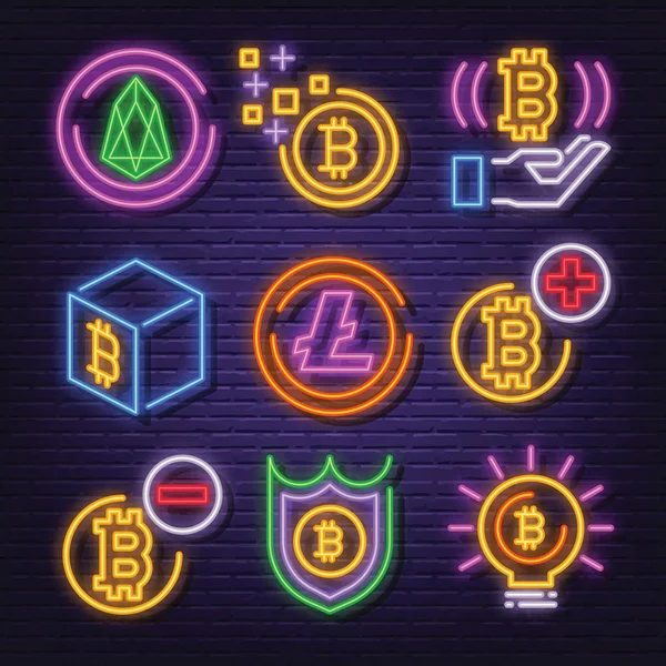 Cryptogeld neon signboard pictogrammen — Stockvector