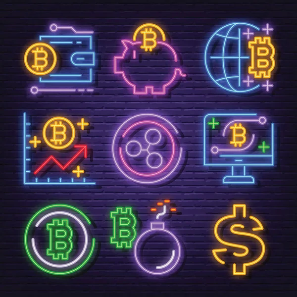 Iconos de letrero de neón criptomoneda — Vector de stock