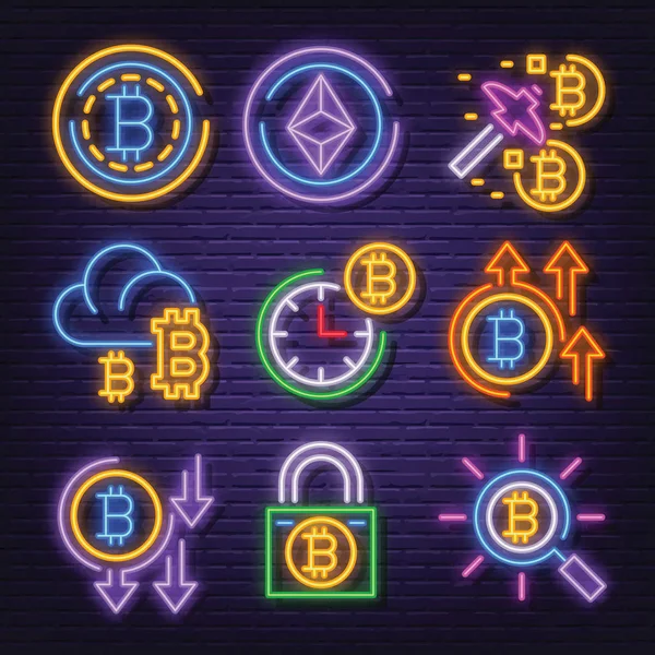 Cryptogeld neon signboard pictogrammen — Stockvector