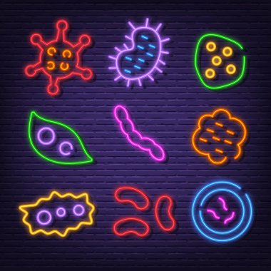 Virüs ve bakteriler neon pano simgeleri vektör tasarımı