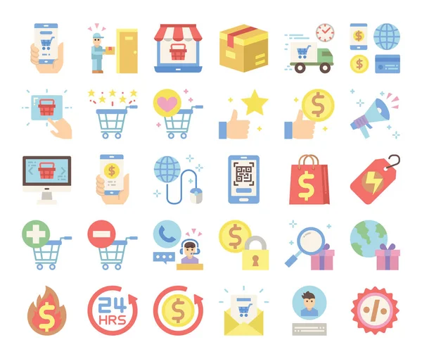 Online Shopping Flache Vektorsymbole Commerce Konzept — Stockvektor