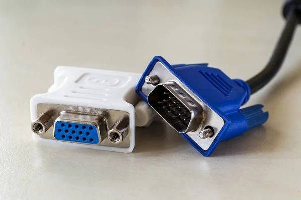 Vga plug of white dvi-d adapter and blue vga socket of monitor cord — ストック写真