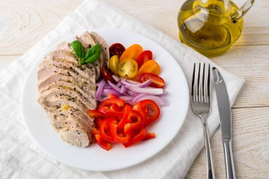 Düşük sıcaklıkta vakum altında pişirilmiş sulu tavuk filetosu..