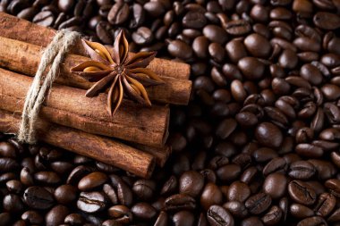 Cinnamon sticks and star anise on a roasted coffee beans
