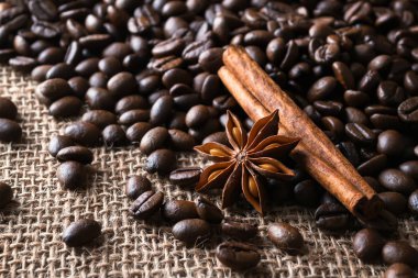 Star anise and cinnamon stick on a roasted coffee beans