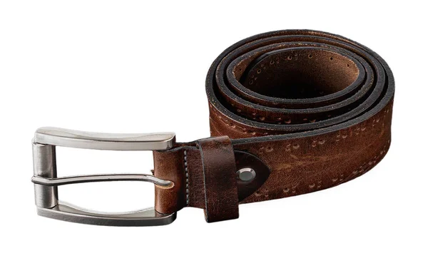 Ceinture Cuir Véritable Marron Avec Boucle Métallique Classique Isolée Sur — Photo