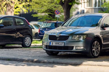 Varna, Bulgaristan, 28 Nisan 2020. Skoda 'nın ön camındaki ve kaputundaki küçük bitkiler güneşli bir bahar gününde çok katlı apartmanın yakınındaki bir ağacın yanına park etmişler..