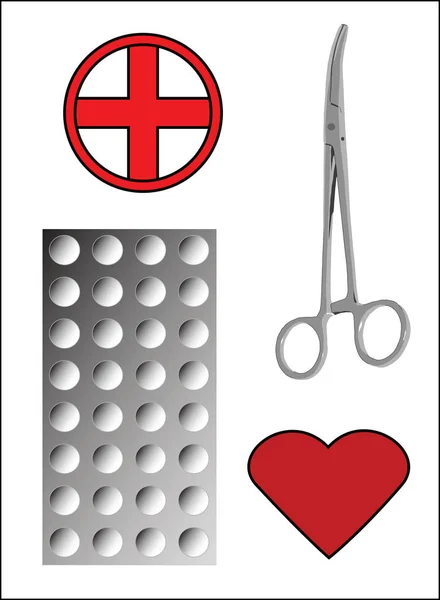 Pinces et comprimés médicaux sur blanc — Image vectorielle