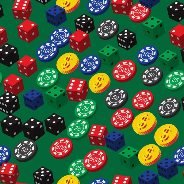 Poker Chips dados y monedas patrón sin costura — Vector de stock