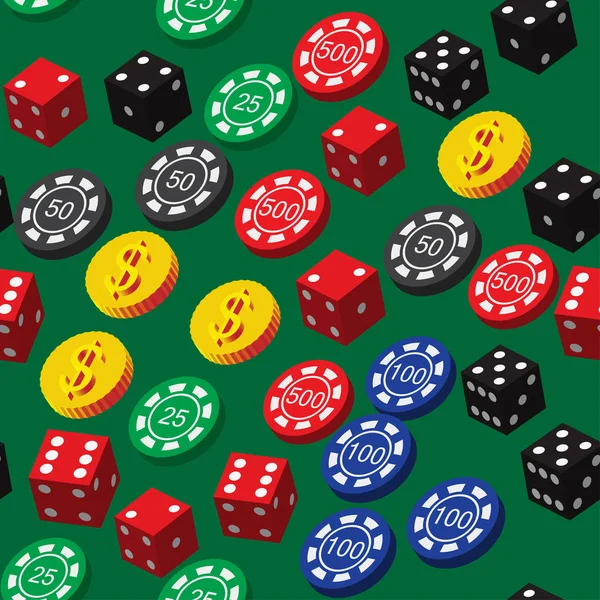 Poker Chips dados y monedas patrón sin costura — Vector de stock