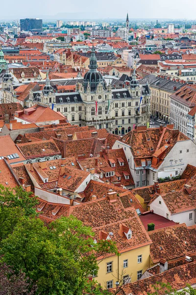 Letecký Pohled Staré Město Graz Schlossbergu Štýrsku Rakousko — Stock fotografie