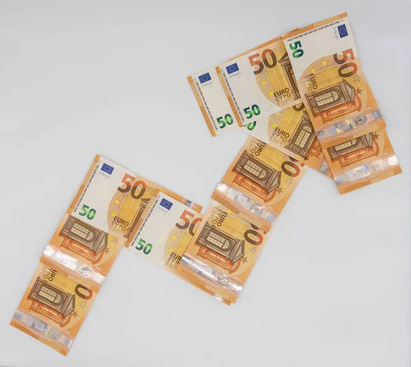 Flecha Billetes Euros Que Indica Aumento Economía Fortaleza Moneda — Foto de Stock