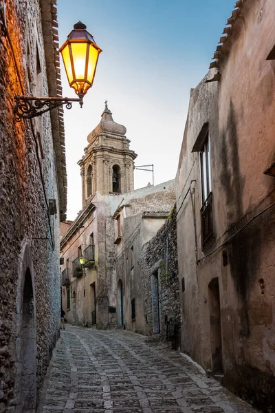 Ancient Street Bell Tower Julian Church Old Town Erice Sicily — стоковое фото
