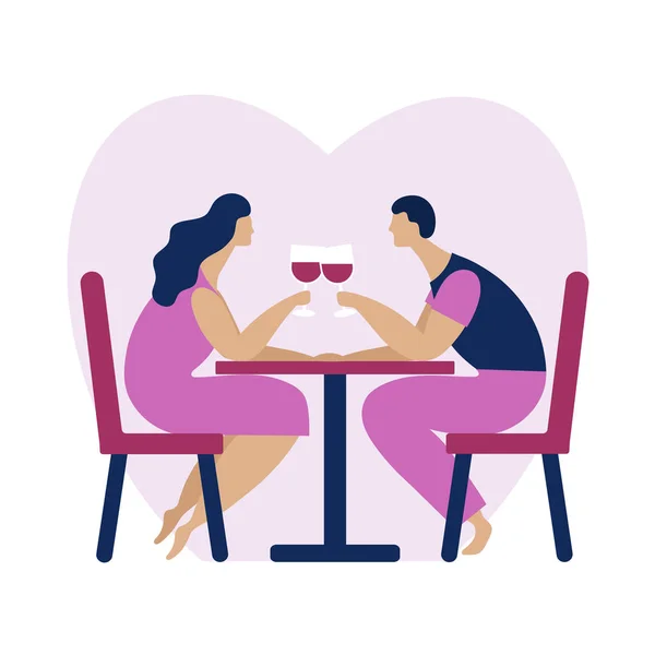 Ένα ερωτευμένο ζευγάρι κάθεται σε ένα τραπέζι σε ένα εστιατόριο. Νεαρός άνδρας και γυναίκα που κρατούν ποτήρια κρασί. Ειδύλλιο, δείπνο, αγάπη, καφέ. Επίπεδο διάνυσμα κινουμένων σχεδίων — Διανυσματικό Αρχείο