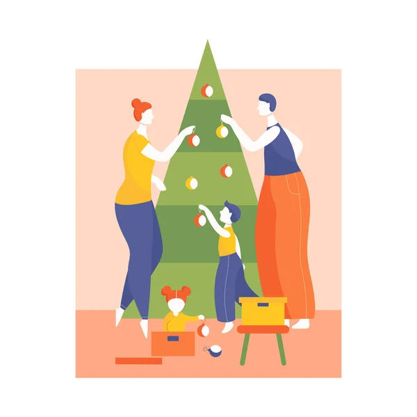 A boldog család lufikkal díszíti a karácsonyfát. Szülők és gyerekek összejövetele, hogy felkészüljenek az ünnepre. Lapos rajzfilm vektor — Stock Vector