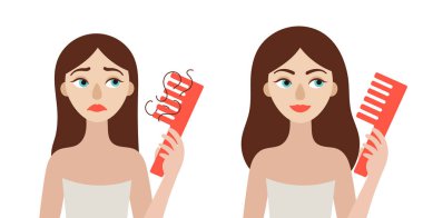 Tedavi öncesi ve sonrası saç dökülmesi sorunu olan genç bir kadın. Alopecia. Düz vektör beyaz arkaplanda izole edilmiş illüstrasyon