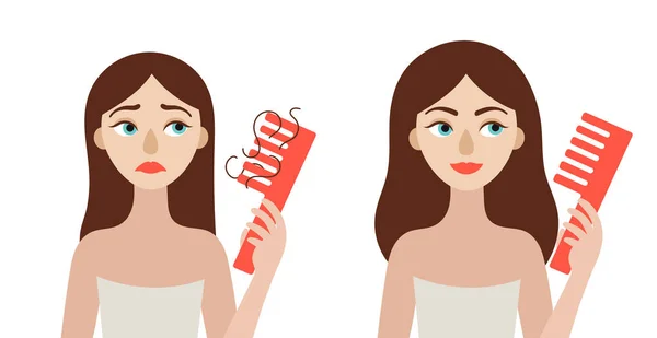 Tedavi öncesi ve sonrası saç dökülmesi sorunu olan genç bir kadın. Alopecia. Düz vektör beyaz arkaplanda izole edilmiş illüstrasyon