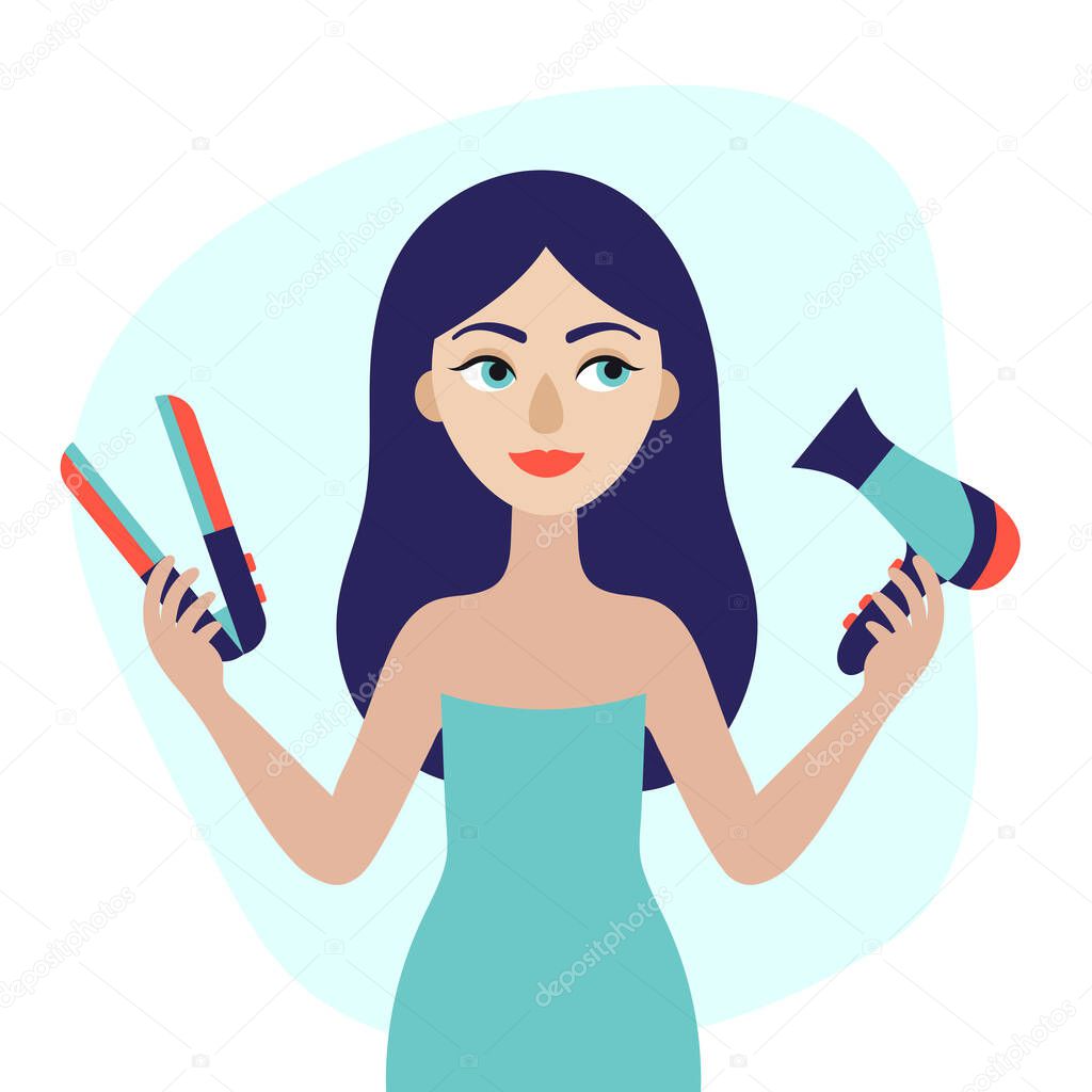 Young beautiful woman with hair dryer and styler in her hand. Flat vector illustration