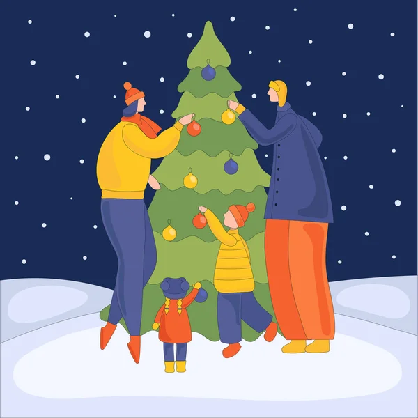 快乐的家庭用气球装饰圣诞树。 父母和孩子们为准备假期而举行的聚会。 平面卡通矢量 — 图库矢量图片