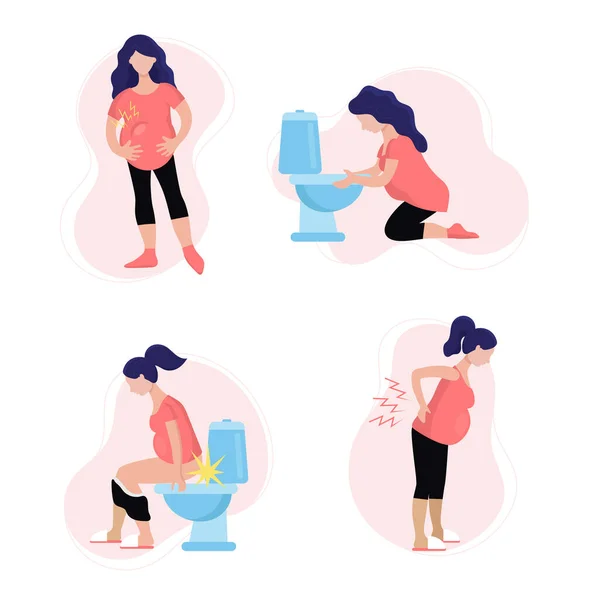 Mujer embarazada joven en diferentes problemas. Toxicosis, náuseas, vómitos, gestosis, hinchazón, estreñimiento, hemorroides, dolor lumbar. Ilustración vectorial plana aislada — Archivo Imágenes Vectoriales