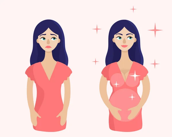 Gravid ung kvinna. Resultat före och efter behandling. Moderskapets lycka.Platt vektor isolerad illustration — Stock vektor