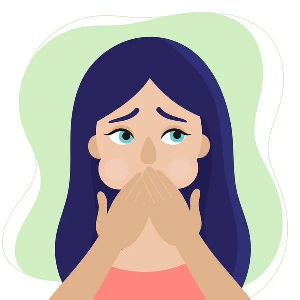 The young woman feels nauseous. Pregnancy, morning sickness, eclampsia, poisoning, gastritis. Flat vector illustration — Stock Vector