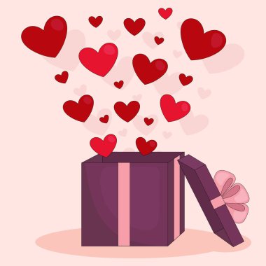 Bir sürü kalbi olan bir hediye kutusu. Kalpler açık kutudan uçar. Sevgililer günü hediyesi. Tatil dekoru. Doğrusal vektör çizimi