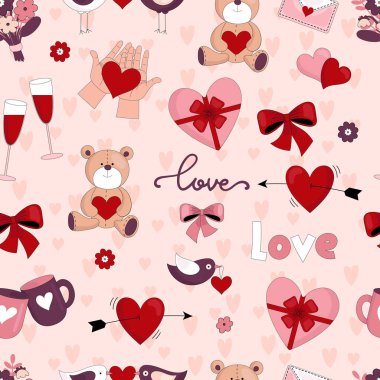 Sevgililer Günü için güzel eşyalar. Tatil dekorasyonu. Kusursuz desen. Vektör illüstrasyonu