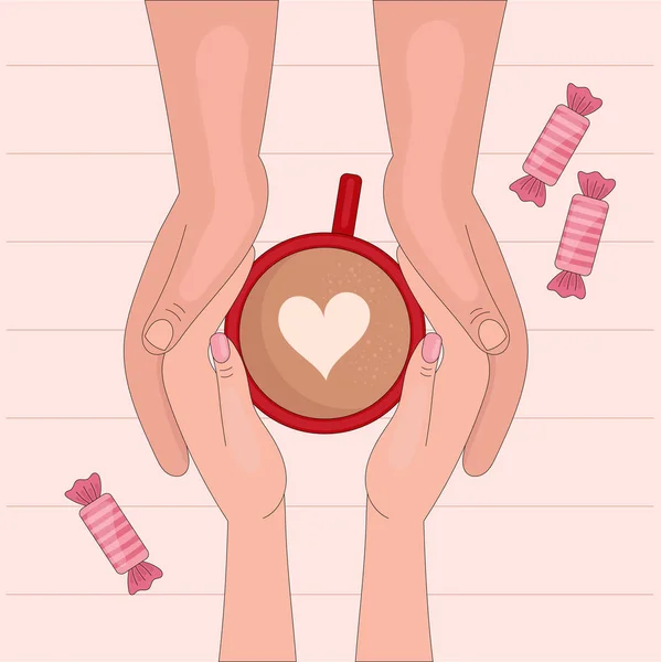 Amante de mãos segurando uma caneca de café. Dia dos Namorados. Encontro, amor, romance. Ilustração vetorial linear — Vetor de Stock