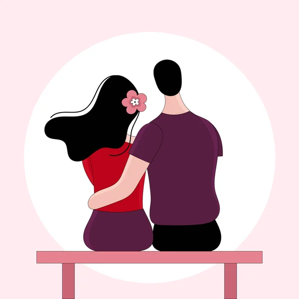 Молодые брюнетка мужчина и женщина сидят на скамейке. Свидание, объятия, любовь. Вид со спины. Векторная линейная иллюстрация — стоковый вектор