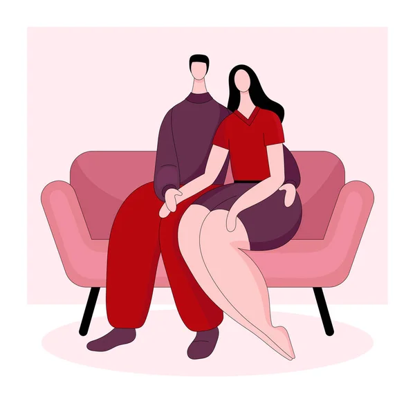 Young brunette man and woman sitting on a couch. Date, hug, love. The view from the back.Vector linear illustration — Stock Vector