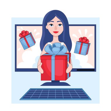 Ödül çekilişini kazanmak. Güzel genç kız bilgisayar ekranından hediye kutusu veriyor. Düz doğrusal vektör çizimi