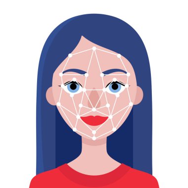 Genç kadının yüz tanımlaması. Biyometri ve yüz tanıma. Beyaz arka plan. Vektör düz stok çizimi