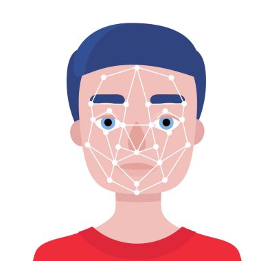 Genç adamın yüz tanımlaması. Biyometri ve yüz tanıma. Beyaz arka plan. Vektör düz stok çizimi