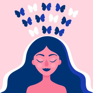 Kafadan uçan kelebekli kadın kafası, mutluluk, rahatlama, sorunlardan kurtulma. Yaratıcı, ideolojik kavram. Psikoterapi. Düz vektör çizimi.