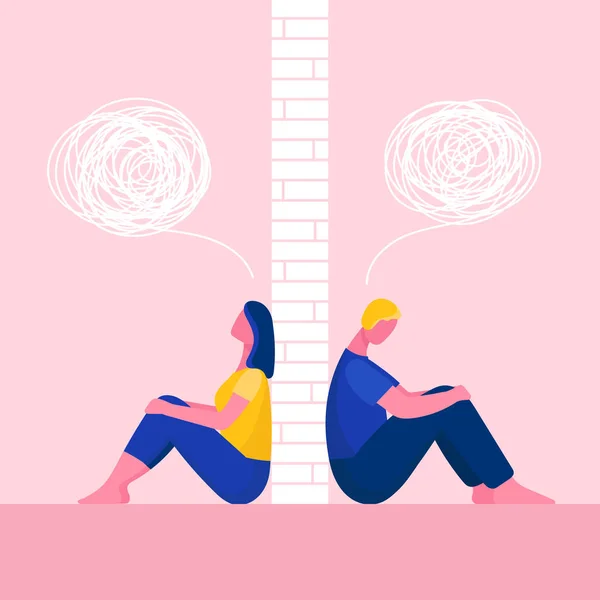 Un hombre y una mujer en una pelea.La pareja se sienta espalda con espalda.Problemas en las relaciones, conflictos.Esposo y esposa en extrañas.Muro entre ellos.Ilustración vectorial plana — Archivo Imágenes Vectoriales