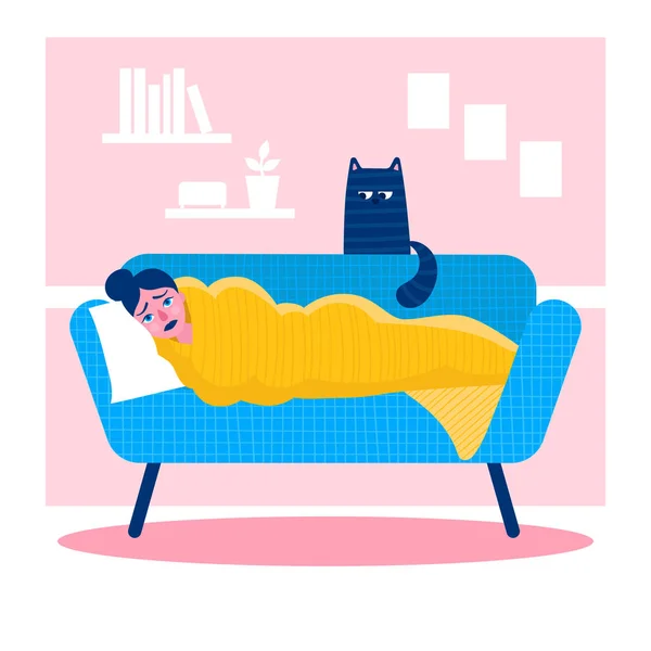 Μια λυπημένη νεαρή γυναίκα είναι ξαπλωμένη στον καναπέ καλυμμένη με κουβέρτα. Κατάθλιψη, μελαγχολία, λύπη. Ψυχολογικά και συναισθηματικά προβλήματα.Η ψυχολογική έννοια.Επίπεδο διάνυσμα — Διανυσματικό Αρχείο
