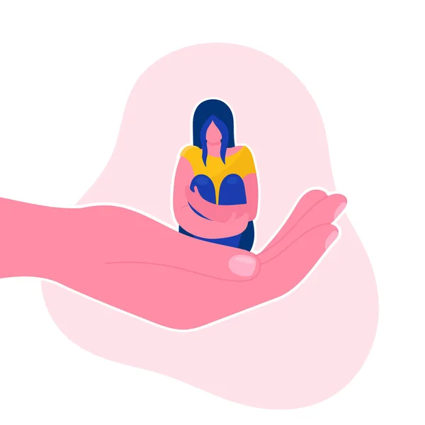 Человеческая рука держит грустную маленькую женщину.Психологическая поддержка, помощь, психотерапия. — стоковый вектор