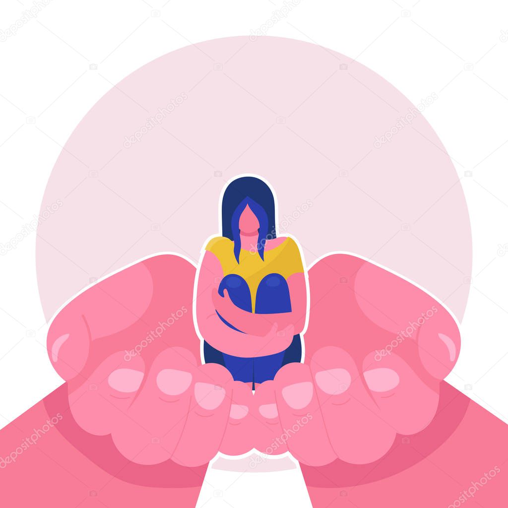Human hands holds a sad little woman.Psychological support, help, psychotherapy.Emotional problem.Concept.Flat vector illustration