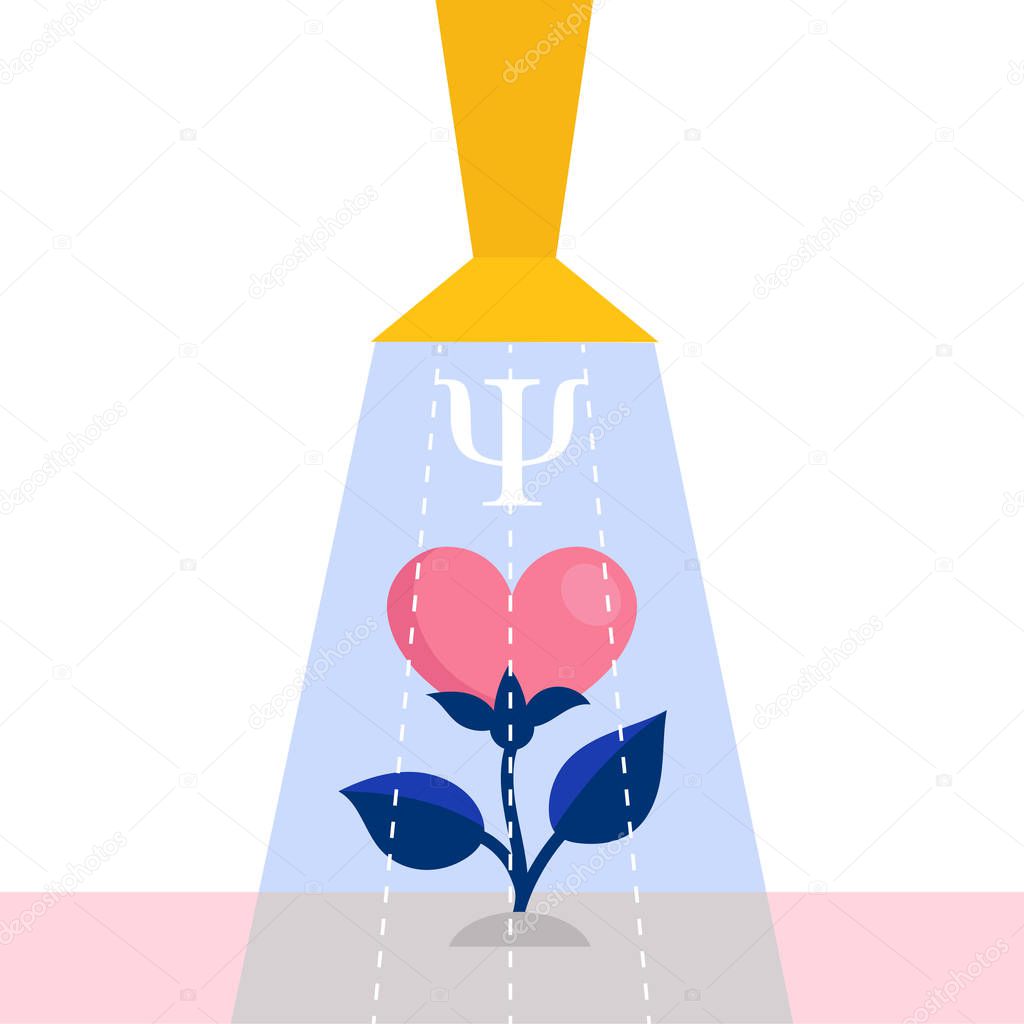 A watering can waters a flower in the form of a heart.Concept of psychological assistance.Healing emotional and mental injuries.Help and support of a psychologist.Flat vector illustration