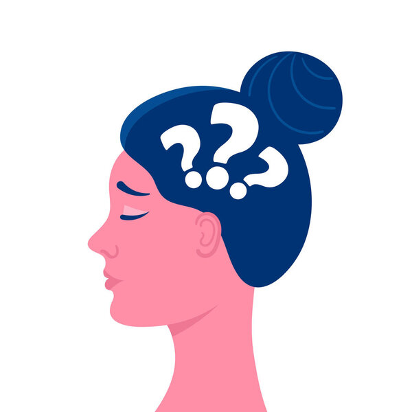 A womans head in profile.Questions.Anxious thoughts, doubts, feelings, sadness.Psychological problem.Flat vector stock illustration