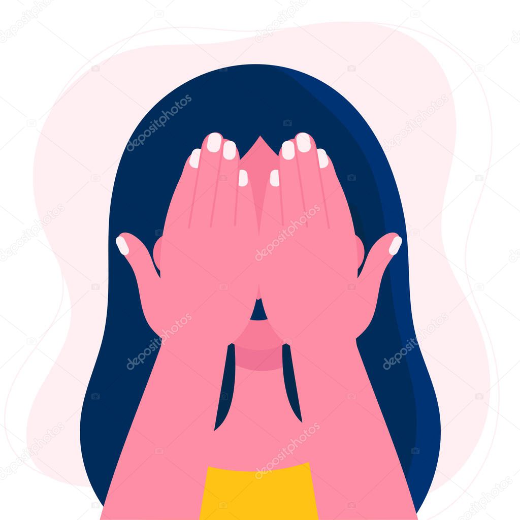 The young woman covered her face with her hands.Emotional and psychological problems.Embarrassment.Tears and crying.Flat vector stock illustration