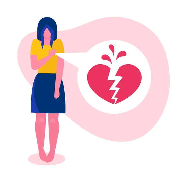 Una triste mujer joven sostiene su mano sobre su heartbreak heartbreak, divorcio, ruptura de la relación, amor no correspondido.Ilustración plana vector para su artículo — Vector de stock