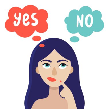 Genç bir kadın ne karar vermesi gerektiğini düşünüyor. Seçim konsepti. Evet ya da hayır. Kuşkular, endişeler. Beyaz arka planda düz vektör çizimi..