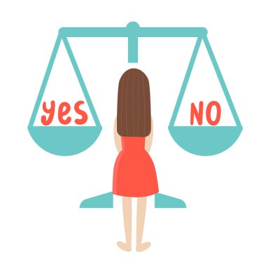 Genç bir kadın ne karar vermesi gerektiğini düşünüyor. Tercih konsepti. Ağırlıkta iki kelime var. Evet ve hayır. Kuşkular, endişeler..