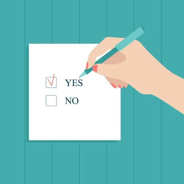En mänsklig hand håller en penna och sätter en markering på formuläret.Val, rösta, Ja eller nej.Platt vektor stock illustration på en blå bakgrund — Stock vektor