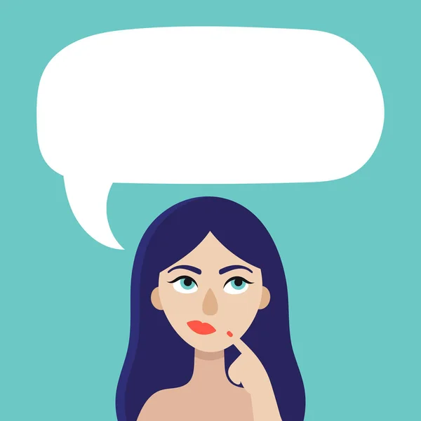 A young beautiful woman thinks.The speech bubble.Space for your text.Doubts, experiences, choices.Flat vector illustration on a blue background — Stock Vector