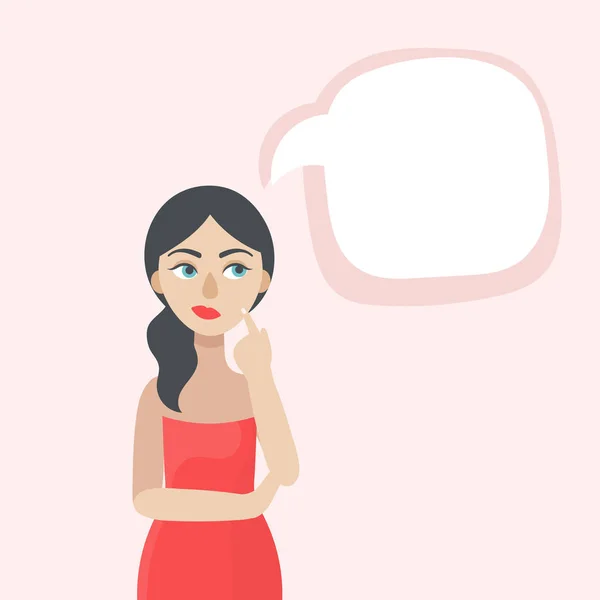 A young beautiful woman thinks.The speech bubble.Space for your text.Doubts, experiences, choices.Flat vector illustration on a pink background — Stock Vector
