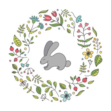 Çiçekli bahar ağacı. Paskalya Tavşanı, tavşan. Kartpostal Dekor bitkileri, çiçekler, dallar, yapraklar, Lale, papatya çiçeği, çiçek çiçeği, gül rengi. Beyaz bir arkaplanda Vektör Doodle çizimi..